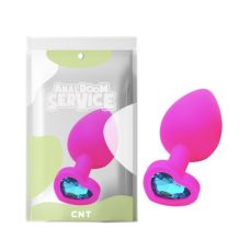 Анальная пробка силиконовая розового цвета с голубым камушком в форме сердца Cnt Love Diamond размер Large