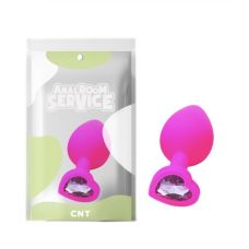 Анальная пробка силиконовая розового цвета с фиолетовым камушком в форме сердца Cnt Love Diamond размер Medium