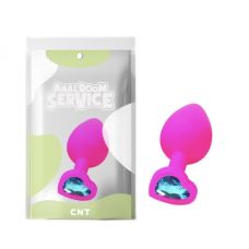 Анальная пробка силиконовая розового цвета с голубым камушком в форме сердца Cnt Love Diamond размер Medium