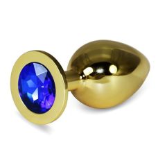 Анальная пробка из нержавеющей медицинской стали золотистого цвета с синим камнем Bdsm4u размер Large