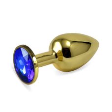 Анальная пробка из нержавеющей медицинской стали золотистого цвета с синим камнем Bdsm4u размер Small
