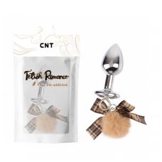 Анальная пробка из медицинской стали с камушком серебристого цвета с телесным бантиком Cnt Fluffy Bow 