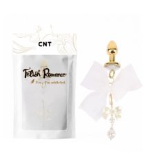 Анальная пробка из медицинской стали золотистого цвета с серебристым камушком и белым бантиком Cnt Elegant Pearl 