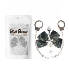 Анальная пробка из медицинской стали с камушком серебристого цвета с серо черным бантиком с Наручниками Cnt Master Gift 