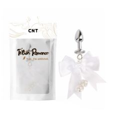 Анальная пробка из медицинской стали с камушком серебристого цвета с белым бантиком Cnt 