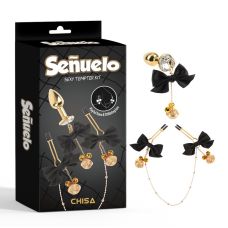 Зажимы для сосков с анальной пробкой золотистого цвета украшенные черными бантиками Chisa Sexy Tempter