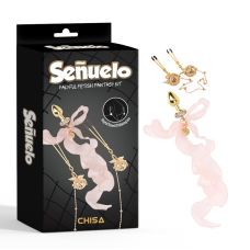 Зажимы для сосков с анальной пробкой золотистого цвета украшенные розовой лентой Chisa Palyful Fetish 