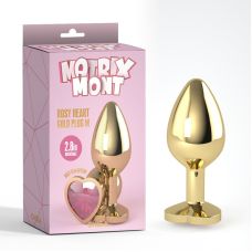 Анальная пробка золотая с розовым камнем Rosy Heart Gem Plug Medium