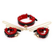 Набор из ошейника и наручников на цепи для БДСМ черного цвета с красными вставками