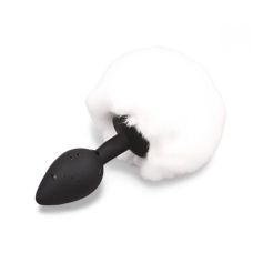 Анальная черная пробка из силикона  с белым хвостиком Silicone Fur Tail Plug