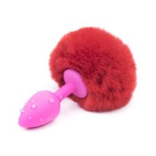 Анальная пробка розового цвета из силикона с красным хвостиком Silicone Fur Tail Plug