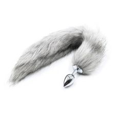 Металлическая анальная пробка с длинным серым хвостом