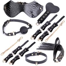 Набір аксесуарів для БДСМ у стилі крокодилової шкіри чорного кольору Vscnovelty Crocodile Grain Bondage Kit 7 предметів