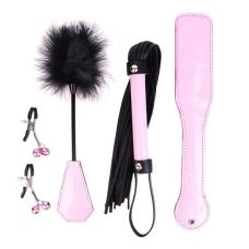 Рожевий БДСМ набір із 4-х лакових предметів для сексуальних ігор зі штучної шкіри Bdsm4u