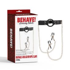 Кляп с кольцом и с зажимами для сосков черного цвета Chisa Behave! Luxury Fetish Breathable