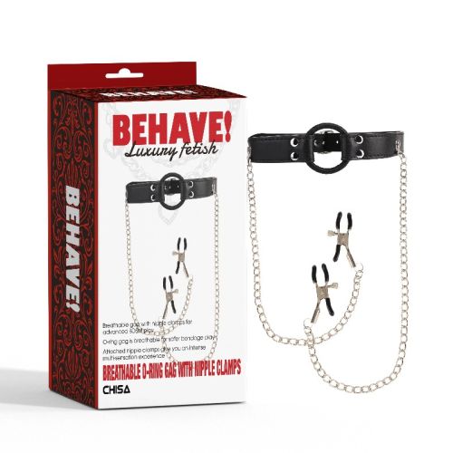 Кляп з кільцем та затискачами для сосків чорного кольору Chisa Behave! Luxury Fetish Breathable Кляп з кільцем та затискачами для сосків чорного кольору Chisa Behave! Luxury Fetish Breathable