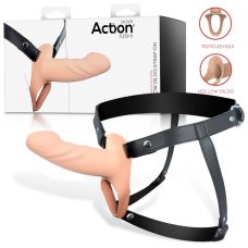 Ременной страпон для мужчин полый с петлей на мошонку телесного цвета Action Strap-On Hollow Dildo Premium размер S