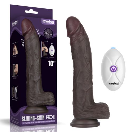 Реалистичный фаллоимитатор с мошонкой на присоске силиконовый черного цвета с пультом управления Lovetoy Vibrating Sliding Skin Pro II 
