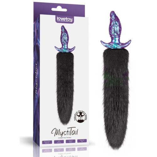 Анальная пробка рельефная силиконовая фиолетового цвета с черным хвостом из искусственного меха Lovetoy MystiTail Silicone Anal Plug 