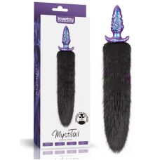 Анальная пробка ребристая с пупырышками силиконовая фиолетового цвета с черным хвостом из искусственного меха Lovetoy MystiTail Silicone Anal Plug 