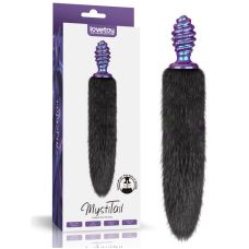 Анальная пробка ребристая силиконовая фиолетового цвета с черным хвостом из искусственного меха Lovetoy MystiTail Silicone Anal Plug 