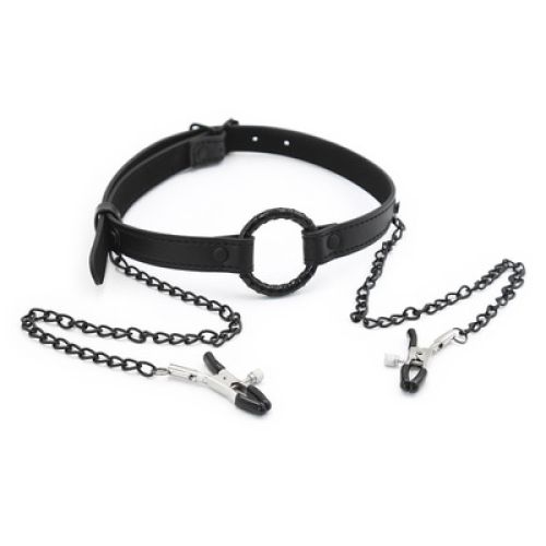 Кляп у рот з кільцем та затискачами для сосків чорний Bdsm4u Nipple Mouth Gag