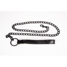 Повідець для нашийника БДСМ на ланцюжку з чорною шкіряною ручкою JSY