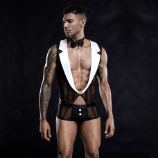 Еротичний чоловічий костюм сексуального офіціанта для рольових ігор чорно білого кольору JSY розмір S/M