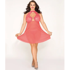 Бэбидолл полупрозрачный с кружевом на груди и глубоким декольте красного цвета JSY размеры XL XXL