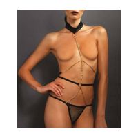 Еротичний комплект жіночої білизни Чокер з ланцюжком на тілі та Стрінги чорного кольору Leg Avenue