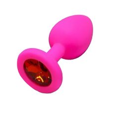 Силиконовая анальная пробка розовая с золотистым кристаллом SKN размер S