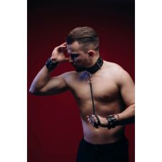 Ошейник мужской с поводком и наручниками БДСМ натуральная кожа черного цвета Candy Hero модель M Ch8 1