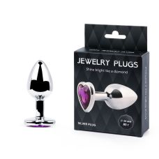Анальная втулка металлическая с фиолетовой стразой в виде сердца Anal Jewelry Plugs L 80 мм D 34 мм вес 80г
