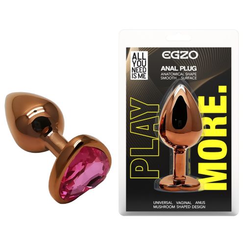 Анальная пробка темно золотистая из нержавеющей стали с кристаллом в форме сердца малиновым EGZO Heart Plug размер S