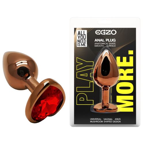 Анальная пробка темно золотистая из нержавеющей стали с кристаллом в форме сердца красным EGZO Heart Plug размер S