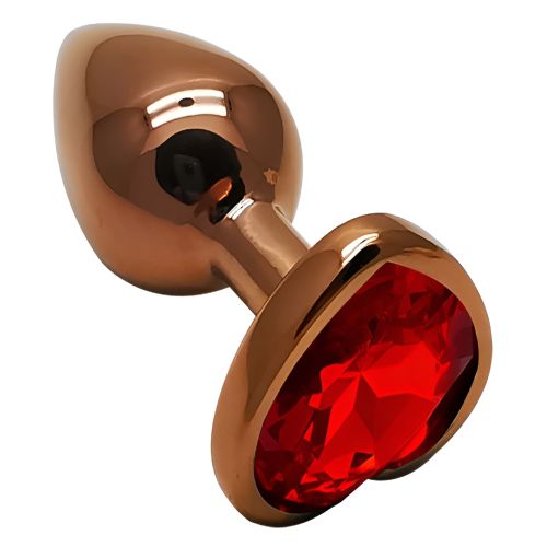 Анальная пробка темно золотистая из нержавеющей стали с кристаллом в форме сердца красным EGZO Heart Plug размер S