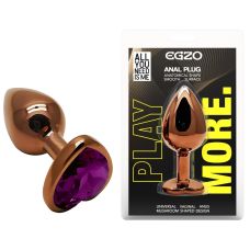 Анальная пробка темно золотистая из нержавеющей стали с кристаллом в форме сердца фиолетовым EGZO Heart Plug размер S