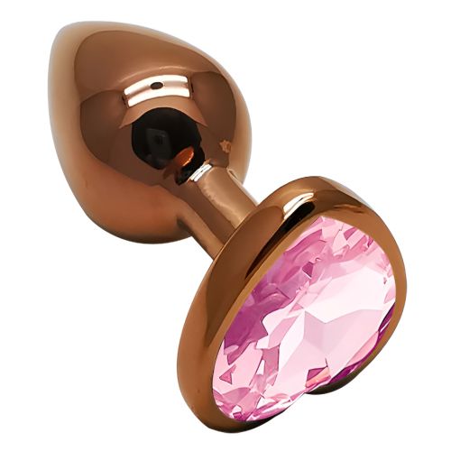 Анальная пробка темно золотистая из нержавеющей стали с кристаллом в форме сердца розовым EGZO Heart Plug размер S