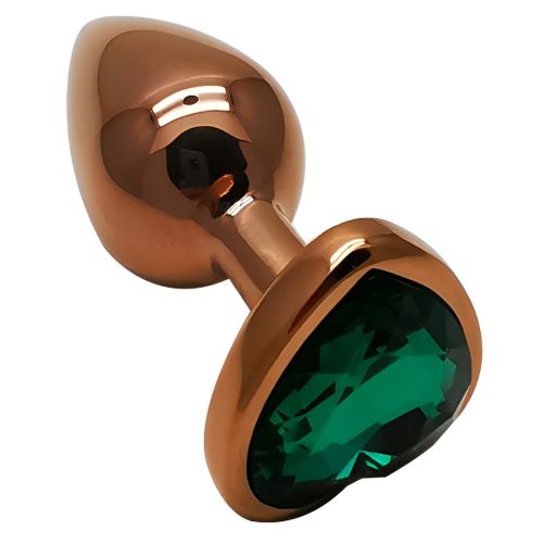 Анальная пробка темно золотистая из нержавеющей стали с кристаллом в форме сердца бирюзовым EGZO Heart Plug размер S