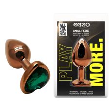 Анальная пробка темно золотистая из нержавеющей стали с кристаллом в форме сердца бирюзовым EGZO Heart Plug размер S