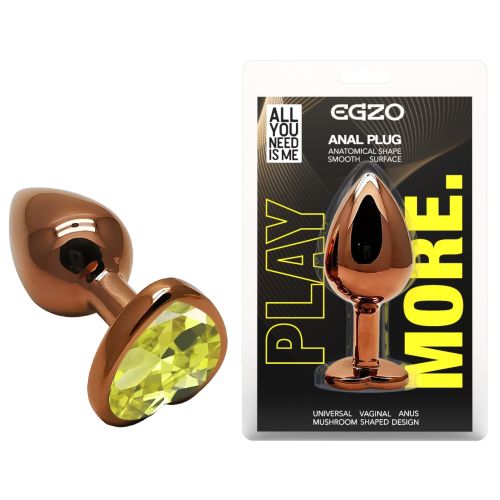 Анальна пробка темно золотиста з нержавіючої сталі із кристалом у формі серця салатовим EGZO Heart Plug розмір S