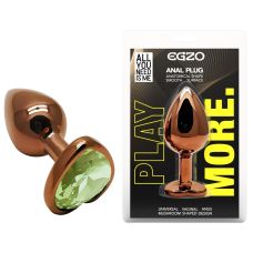 Анальная пробка темно золотистая из нержавеющей стали с кристаллом в форме сердца зеленым EGZO Heart Plug размер S