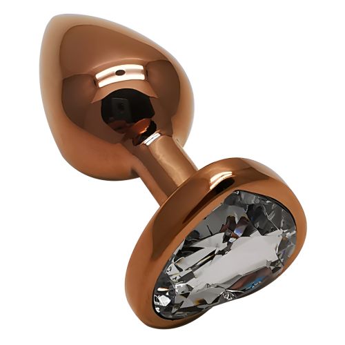 Анальна пробка темно золотиста з нержавіючої сталі із кристалом у формі серця прозорим EGZO Heart Plug розмір S