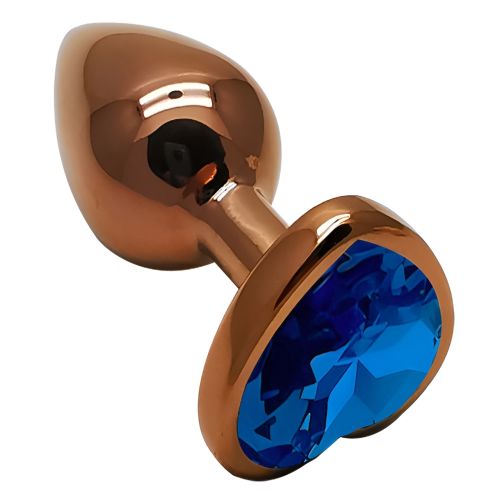 Анальная пробка темно золотистая из нержавеющей стали с кристаллом в форме сердца синим EGZO Heart Plug размер S
