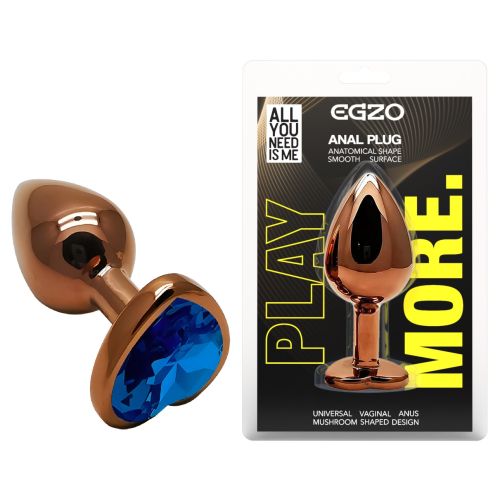 Анальная пробка темно золотистая из нержавеющей стали с кристаллом в форме сердца синим EGZO Heart Plug размер S