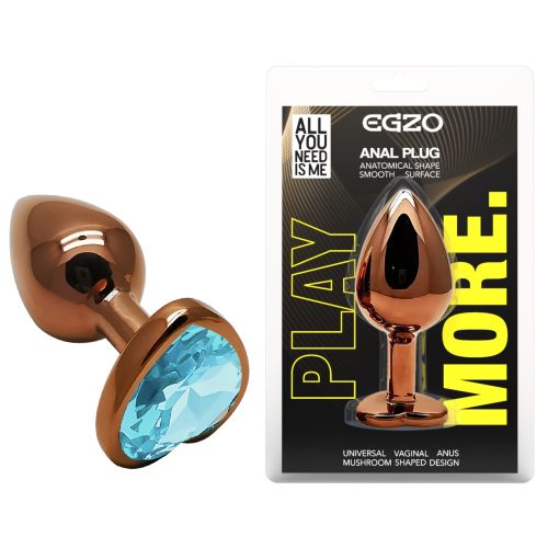 Анальная пробка темно золотистая из нержавеющей стали с кристаллом в форме сердца голубым EGZO Heart Plug размер S