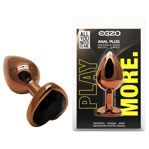 Анальная пробка темно золотистая из нержавеющей стали с кристаллом в форме сердца черным EGZO Heart Plug размер S