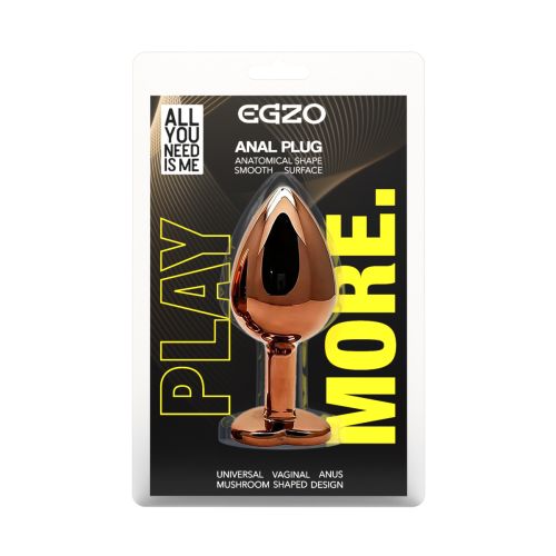 Анальная пробка темно золотистая из нержавеющей стали с кристаллом в форме сердца черным EGZO Heart Plug размер S