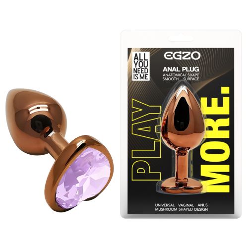 Анальная пробка темно золотистая из нержавеющей стали с кристаллом в форме сердца сиреневым EGZO Heart Plug размер S