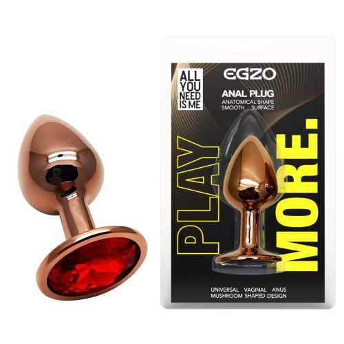 Анальна пробка золотиста із нержавіючої сталі з червоним кристалом EGZO Round Plug розмір S